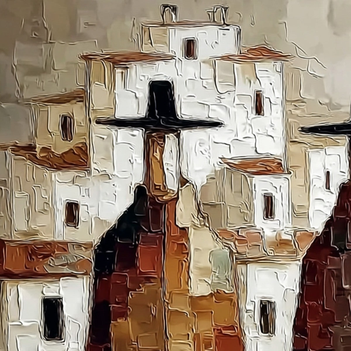 Pueblo Vigilantes Textured Abstract Cityscape Oil Painting