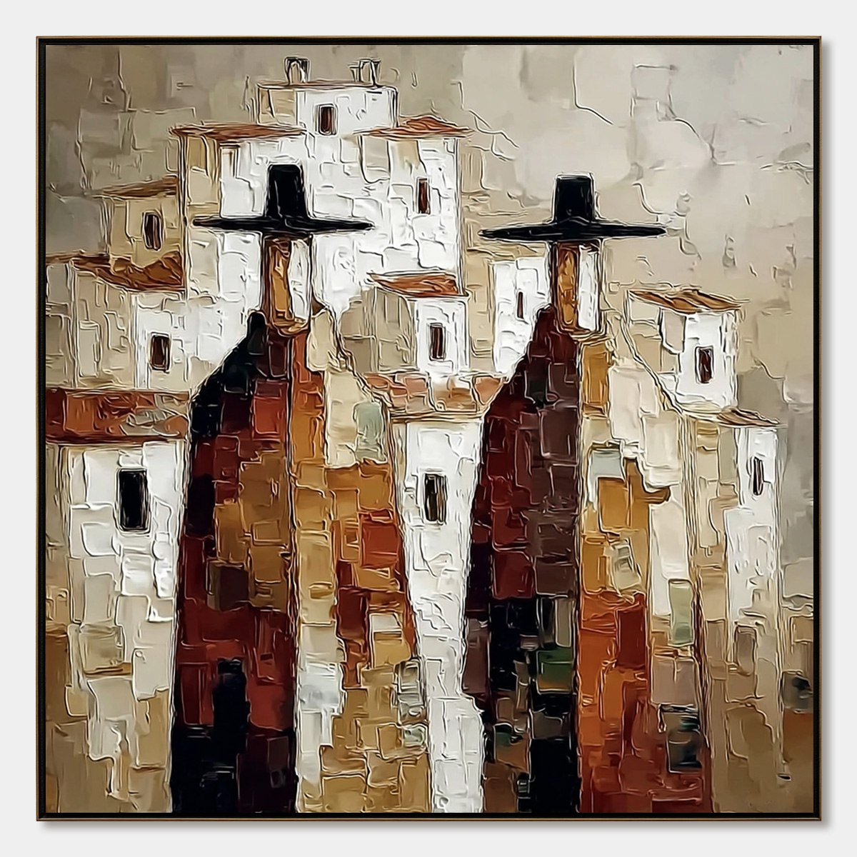 Pueblo Vigilantes Textured Abstract Cityscape Oil Painting