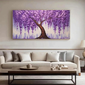 Elodie Dubois' textured Purple Wisteria painting enhances a modern living room with a cream sofa.