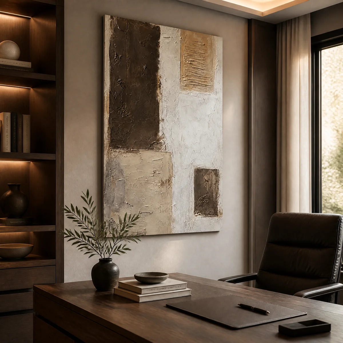 Neutral block texture abstract wall art with earthy beige and brown panels in a modern executive office.