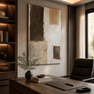 Neutral block texture abstract wall art with earthy beige and brown panels in a modern executive office.