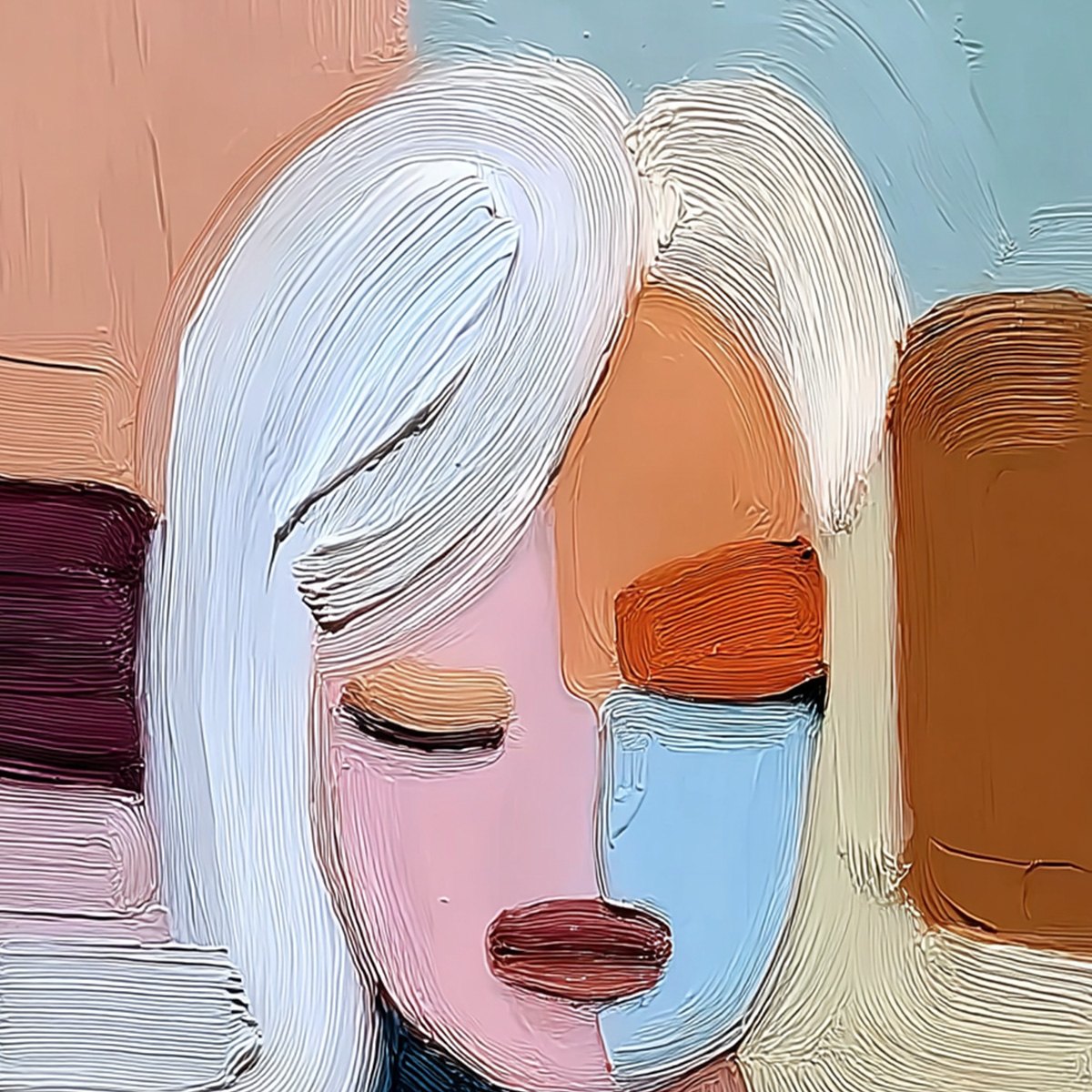 QUIET CONTEMPLATION: Textured Abstract Portrait Oil Painting