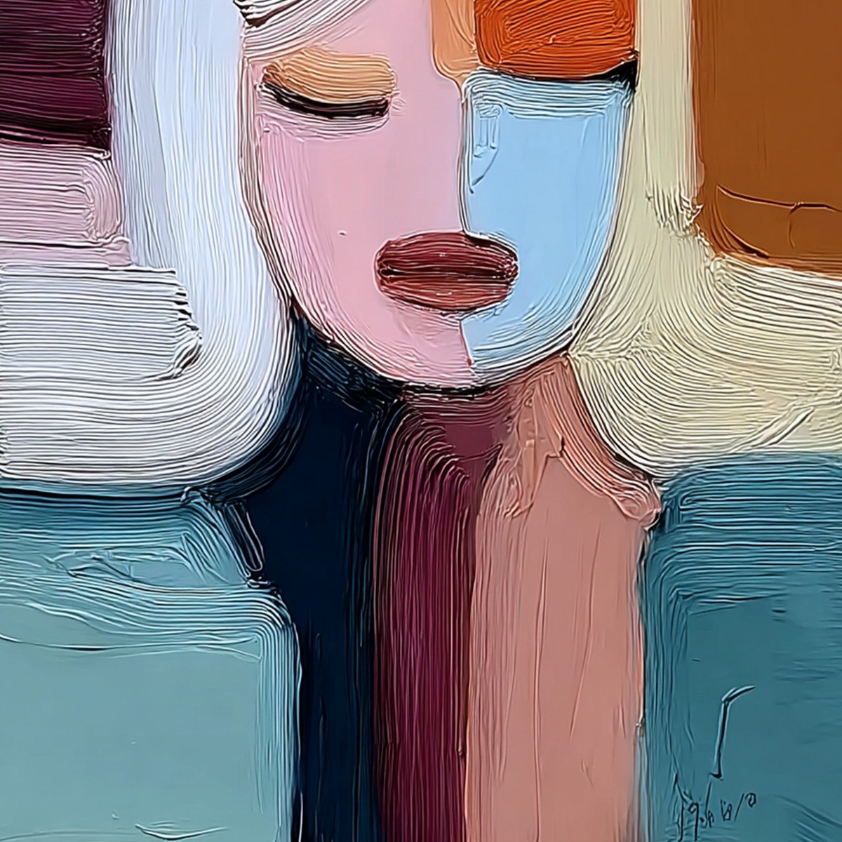 QUIET CONTEMPLATION: Textured Abstract Portrait Oil Painting