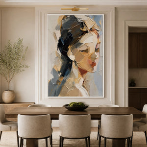 Textured female portrait oil painting in warm neutrals, modern wall art for luxury dining room.