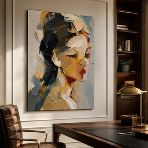 Textured female portrait oil painting in warm neutrals, modern wall art for luxury office.