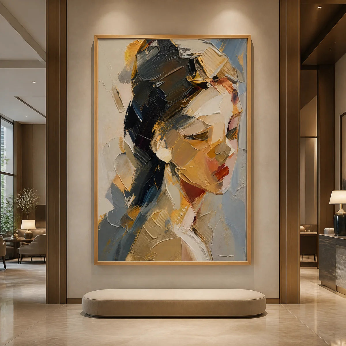 Textured female portrait oil painting in warm neutrals, modern wall art for luxury hotel lobby.