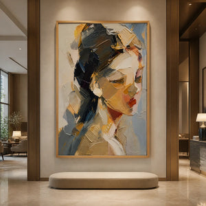 Textured female portrait oil painting in warm neutrals, modern wall art for luxury hotel lobby.