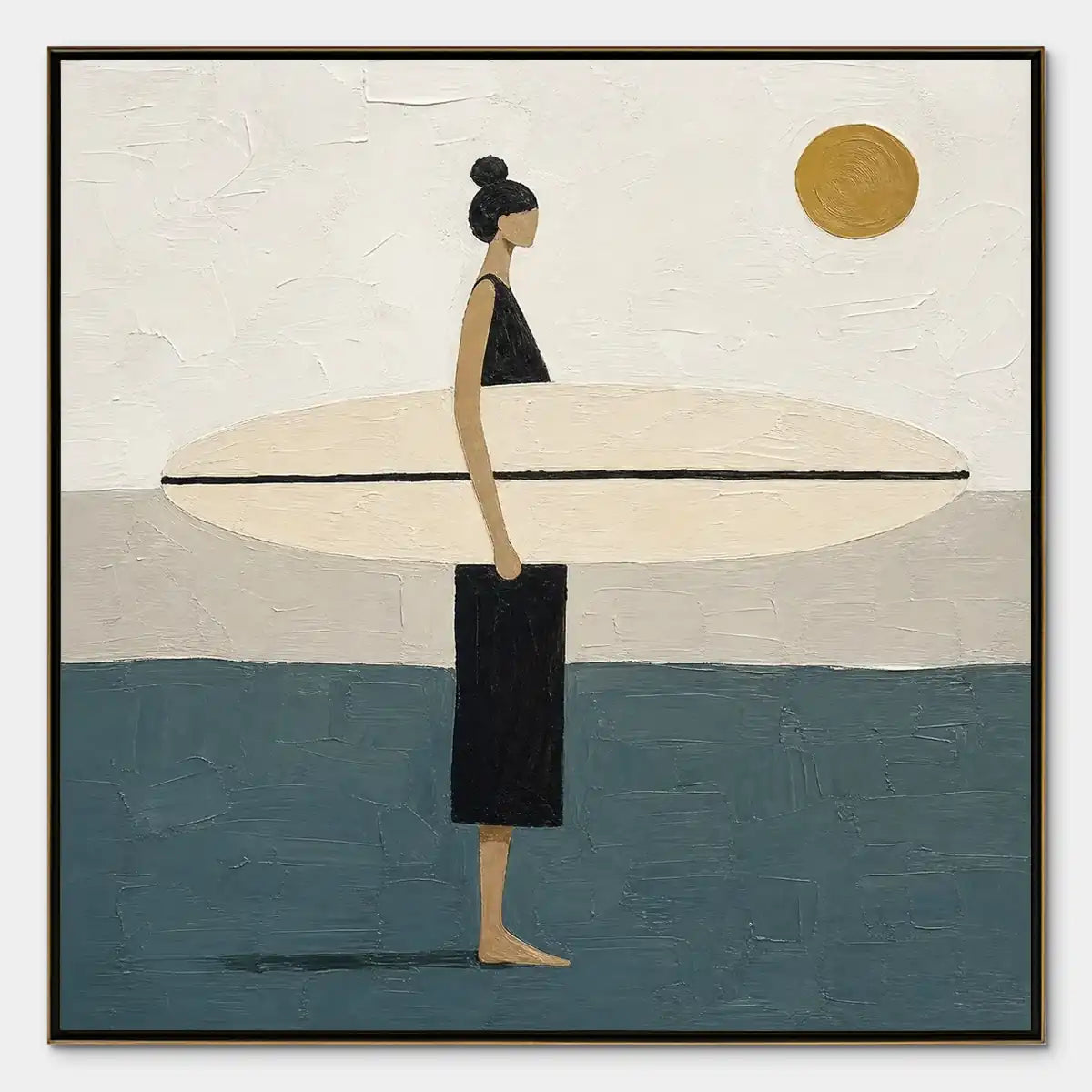 Minimalist surfer wall art with figure holding surfboard in beige, blue and gold tones