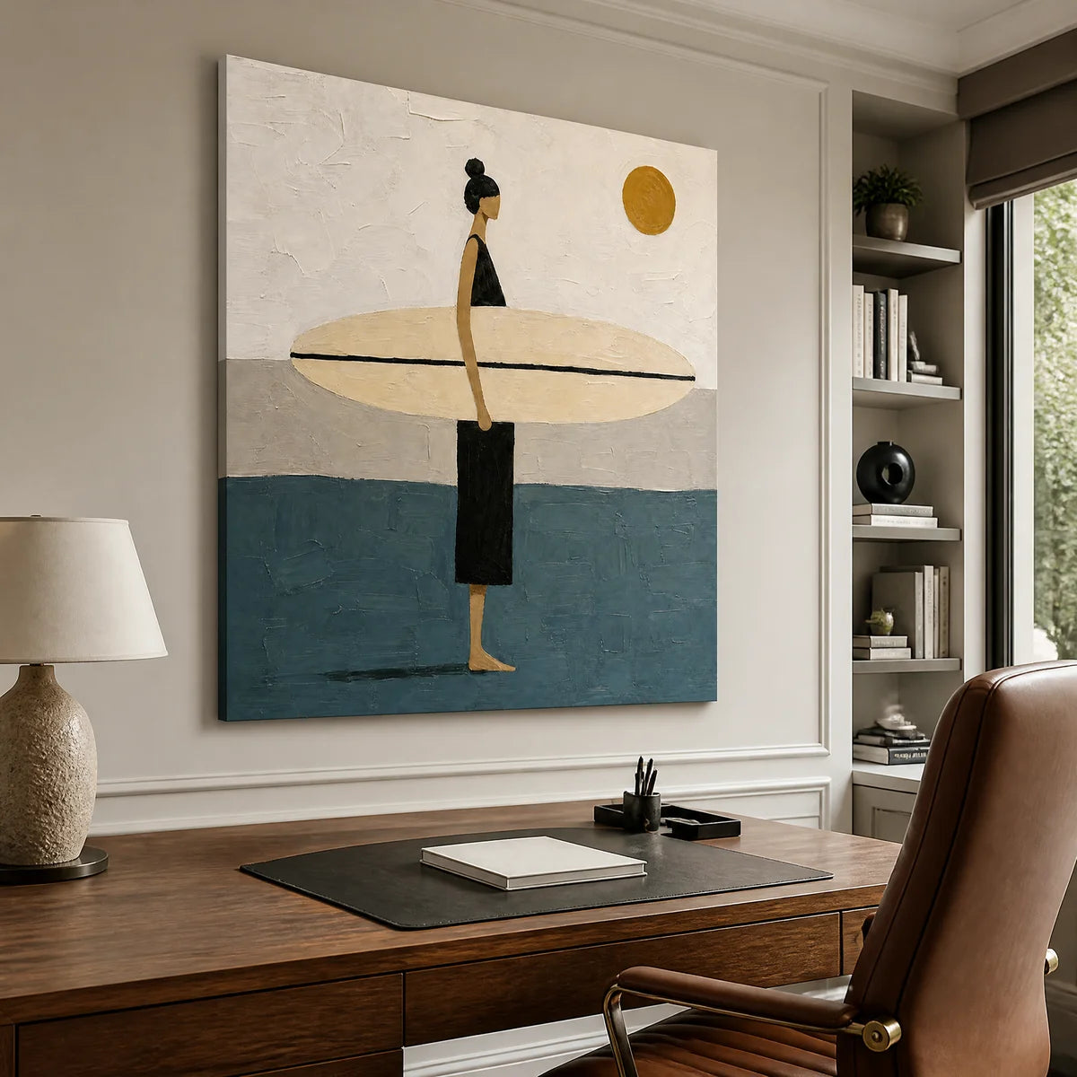 Minimalist surfer wall art with beige, blue and gold tones in a classic home office.