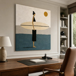 Minimalist surfer wall art with beige, blue and gold tones in a classic home office.