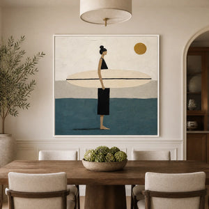 Minimalist surfer wall art with beige, blue and gold tones in a modern dining room.