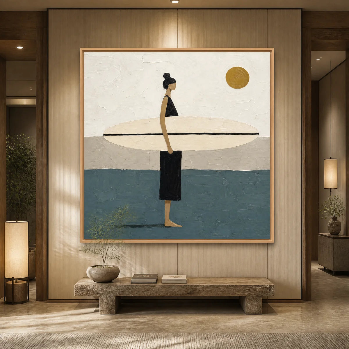 Minimalist surfer wall art with beige, blue and gold tones in a Japandi-style entryway.