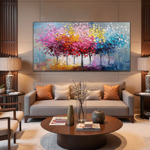 Rainbow Forest: Original Textured Impasto Trees Oil Painting - Colorful Landscape Wall Art