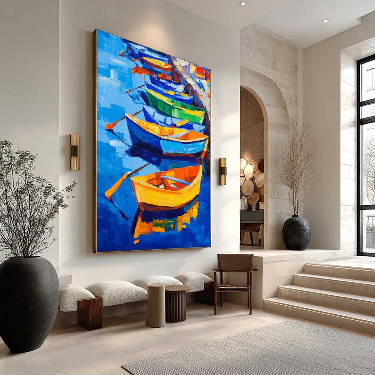 RAINBOW HARBOR: Vibrant Impasto Boatscape Oil Painting