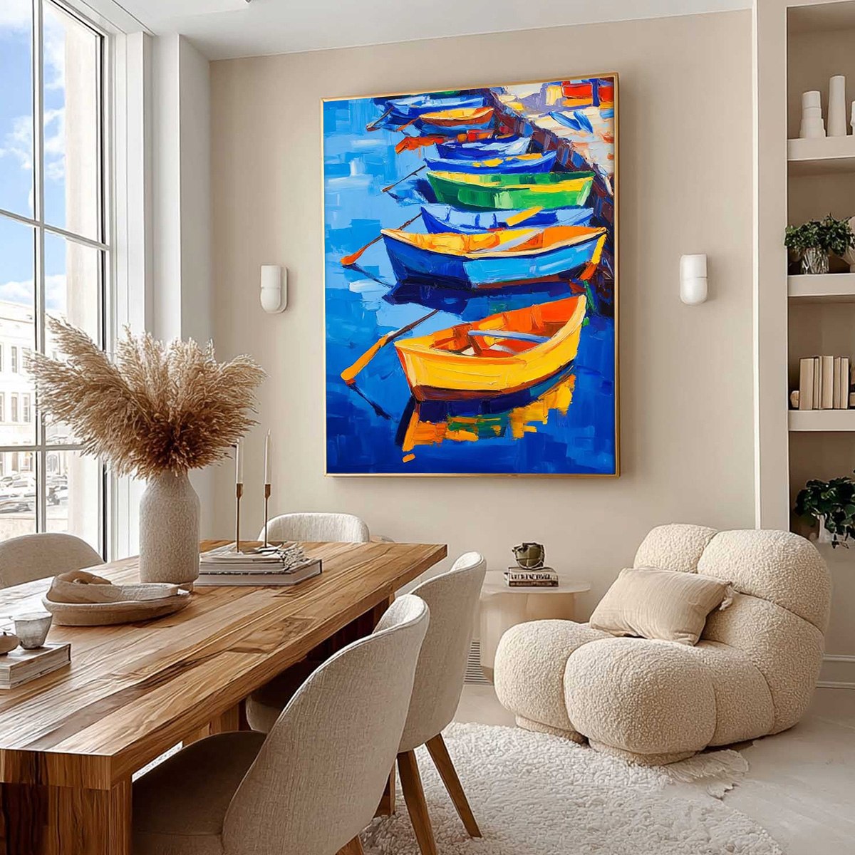RAINBOW HARBOR: Vibrant Impasto Boatscape Oil Painting