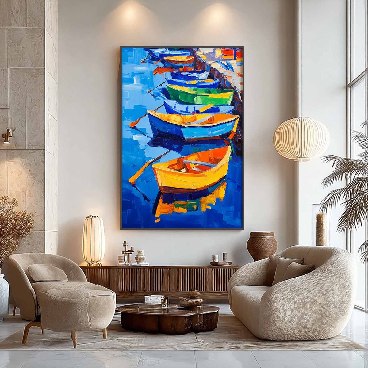 RAINBOW HARBOR: Vibrant Impasto Boatscape Oil Painting