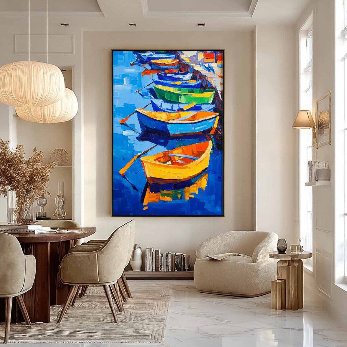 RAINBOW HARBOR: Vibrant Impasto Boatscape Oil Painting