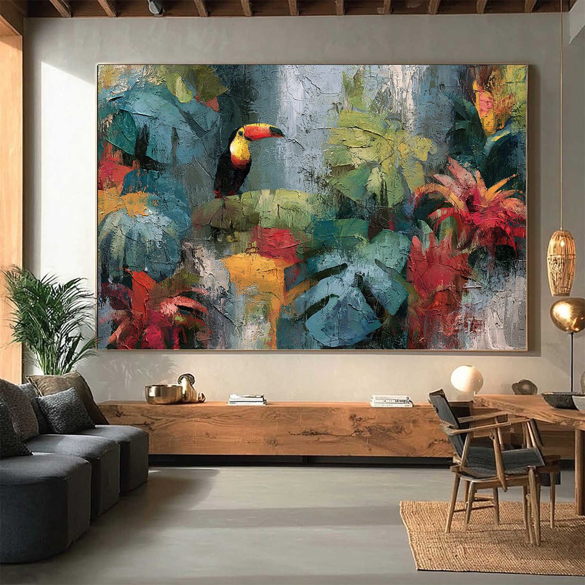 RAINFOREST RHYTHM: Vibrant Textured Toucan & Jungle Painting
