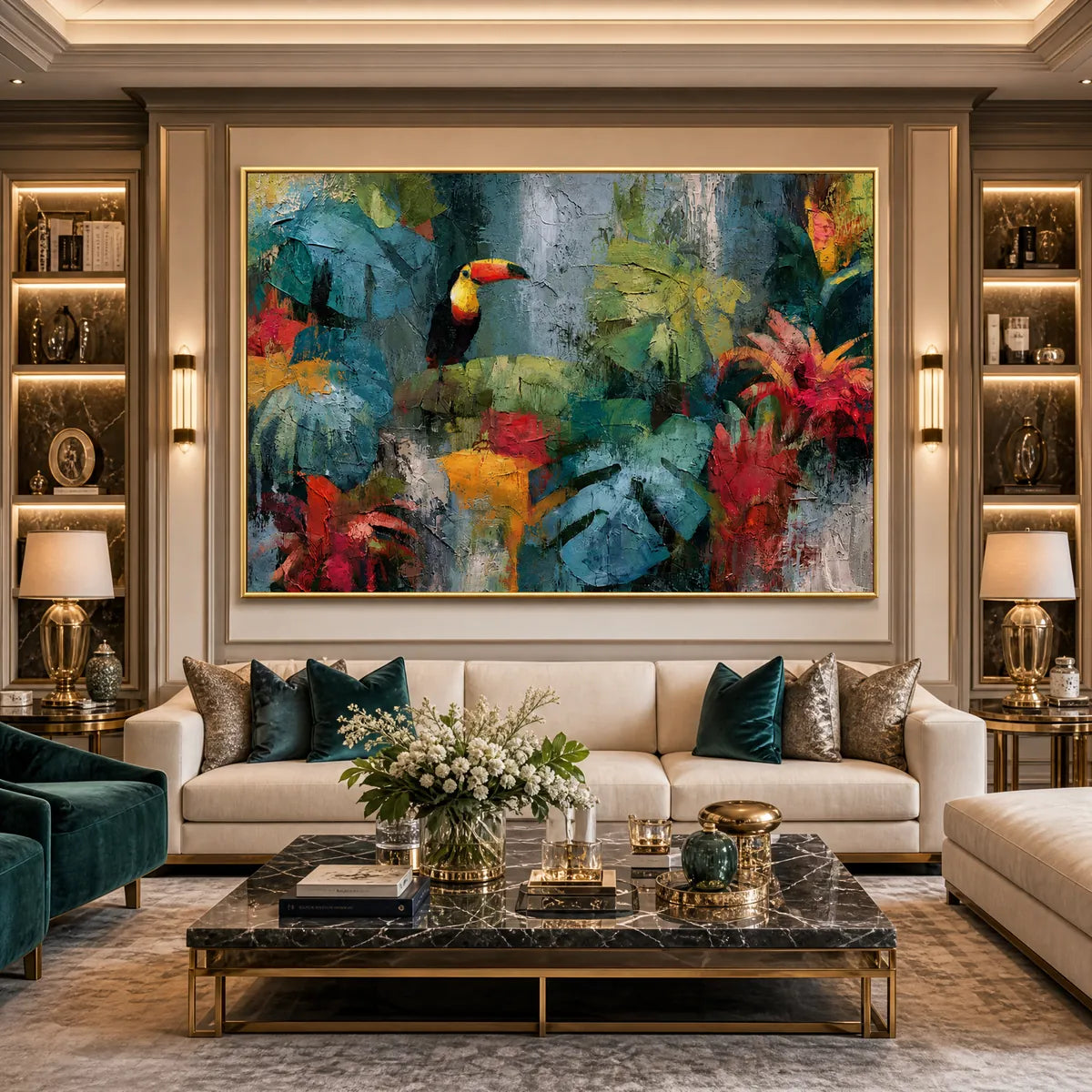 Textured toucan jungle painting in gold frame, vibrant abstract tropical wall art