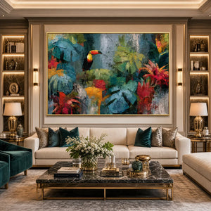 Textured toucan jungle painting in gold frame, vibrant abstract tropical wall art