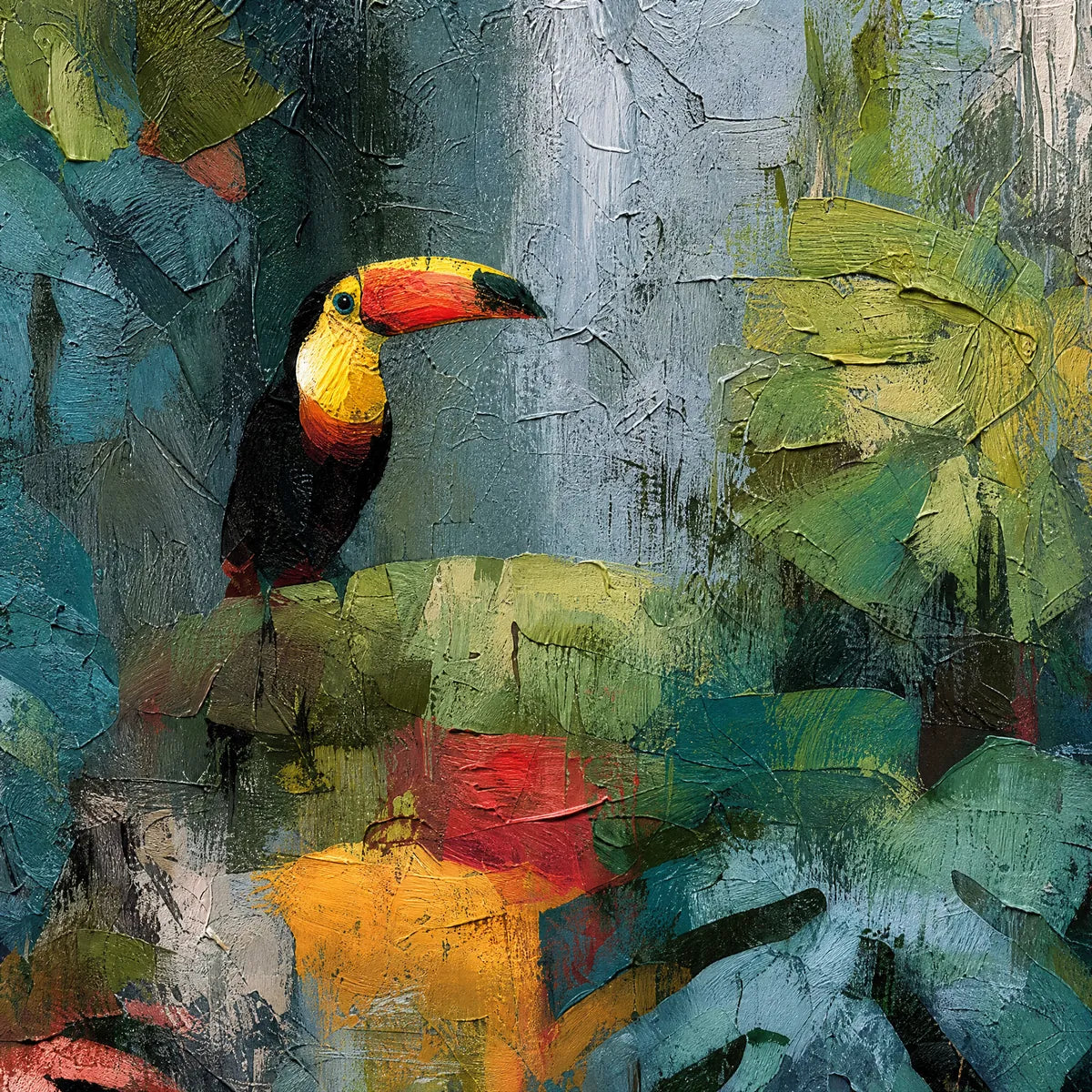 Textured toucan oil painting with vibrant jungle foliage in blue, green, and yellow tones