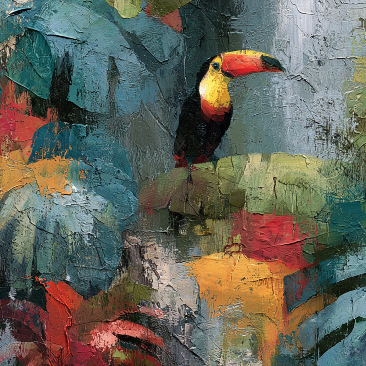 RAINFOREST RHYTHM: Vibrant Textured Toucan & Jungle Painting