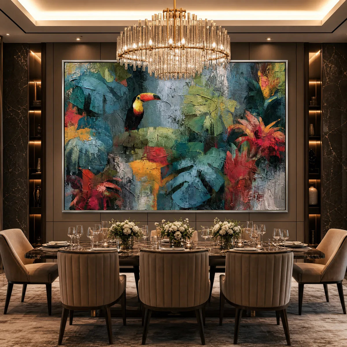 Textured toucan jungle wall art with vibrant impasto leaves in a luxury dining room