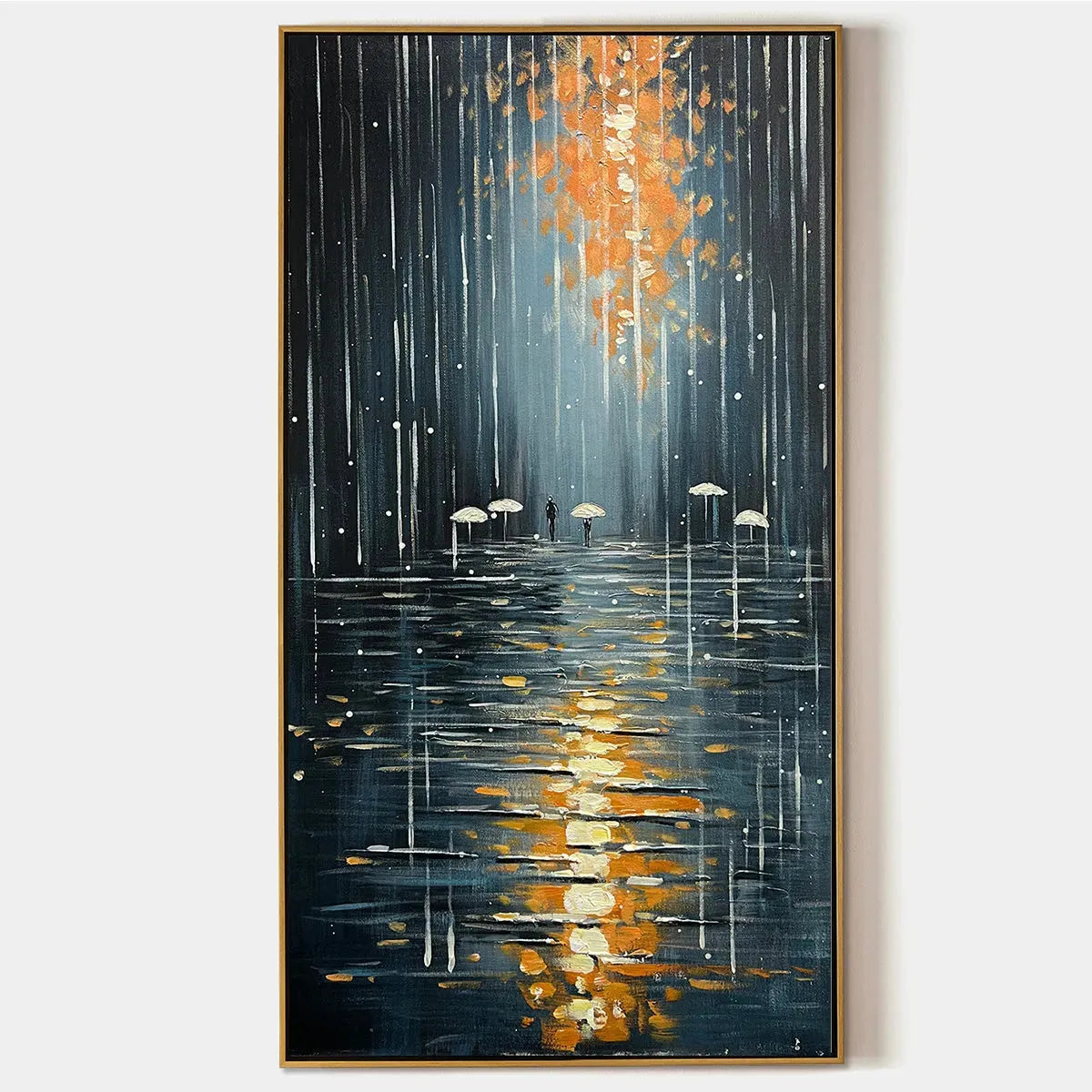 Vertical Painting of a Rainy City Street, Minimalist Figures, Modern Wall Art, Blue and Gold