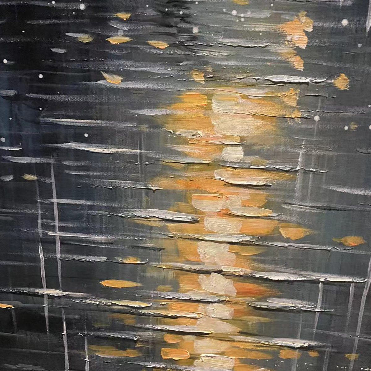 RAINY DAY REFLECTIONS: Vertical Painting of a Rainy City Street, Minimalist Figures, Modern Wall Art, Blue and Gold