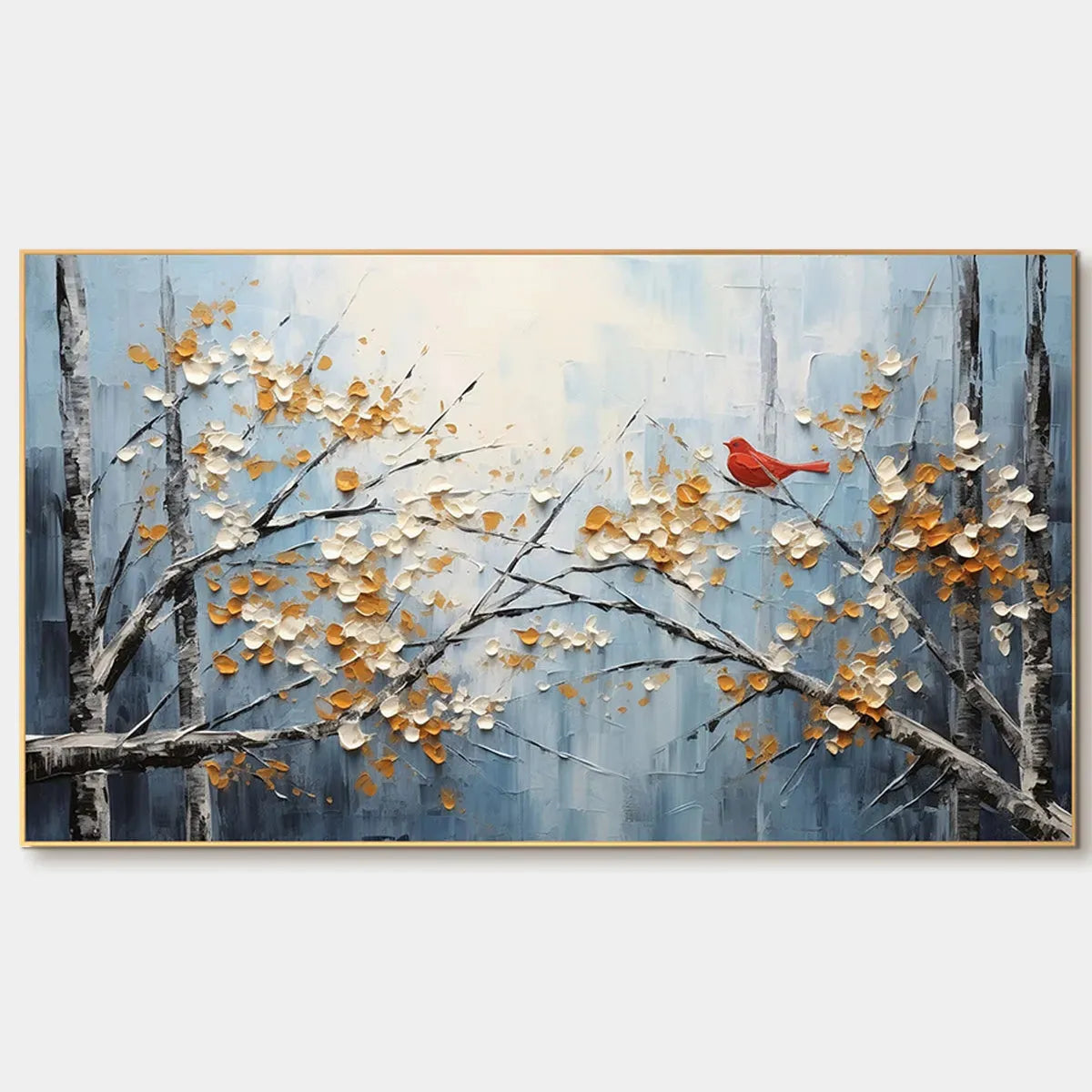 Horizontal Impasto Painting, Bird on Blossoming Branches, Textured Wall Art, Blue