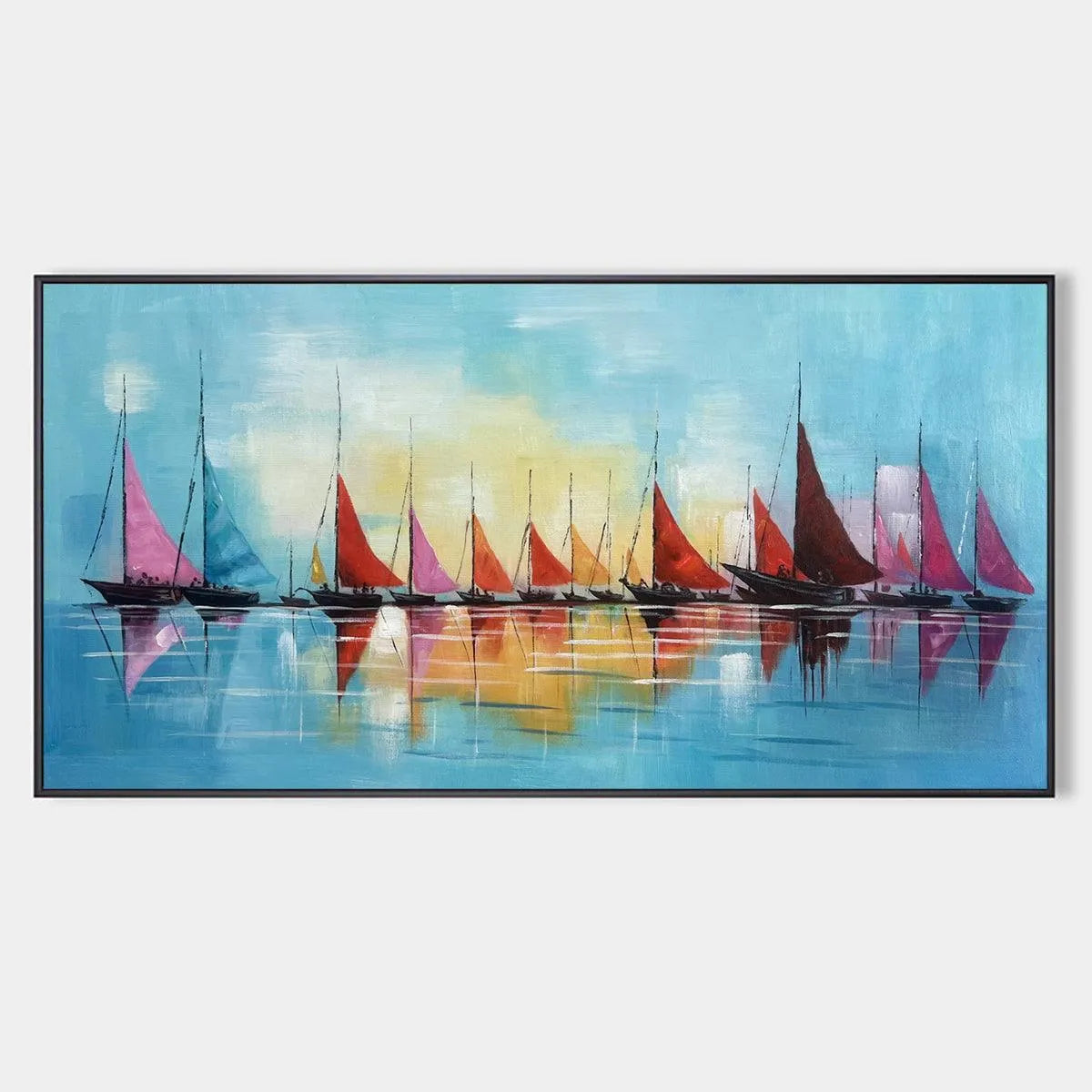 Colorful Sailboats Painting, Blue and Orange Wall Art, Horizontal Canvas, Coastal Decor