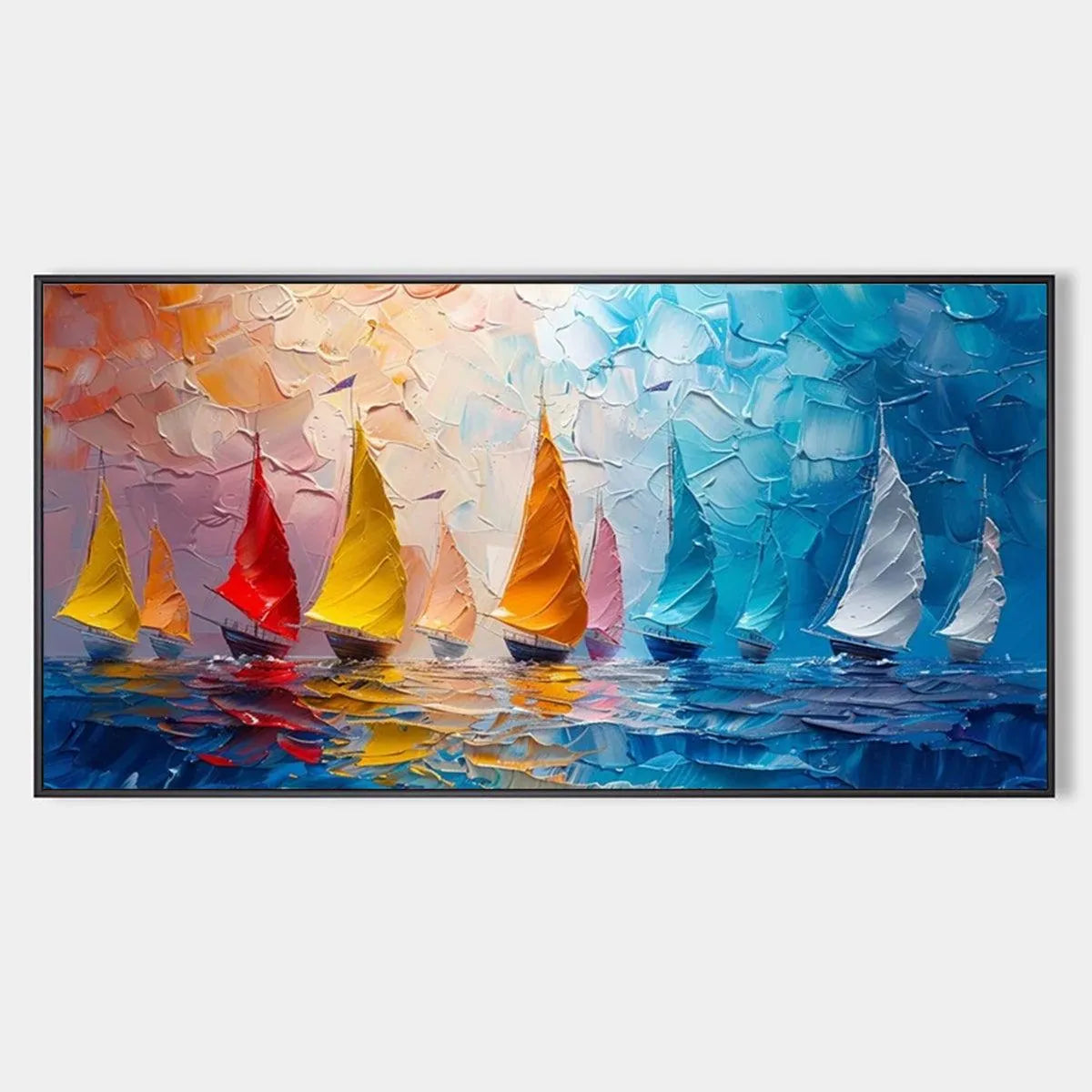 Textured Sailboat Painting, Impasto Wall Art, Panoramic Canvas, Coastal Decor