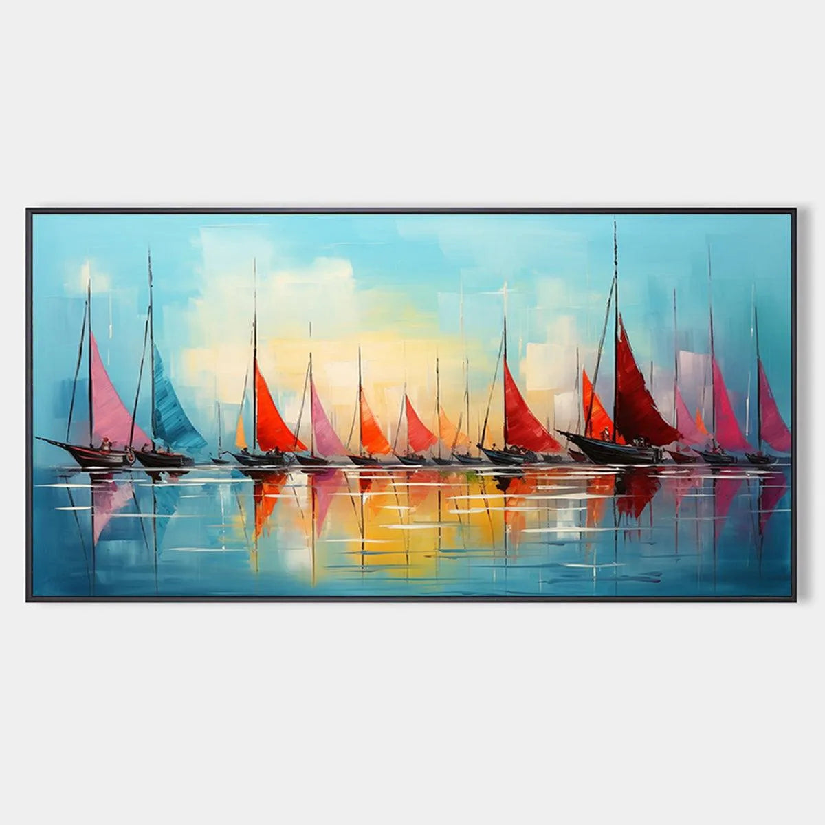 Panoramic Sailboat Painting, Colorful Sunrise