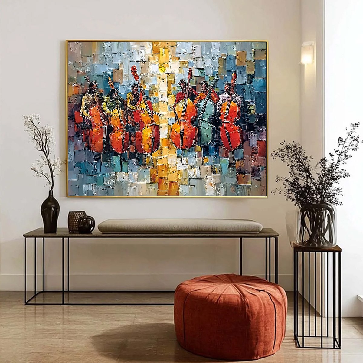 RHYTHM IN HUE: Textured Palette Knife Painting of a Cello Ensemble