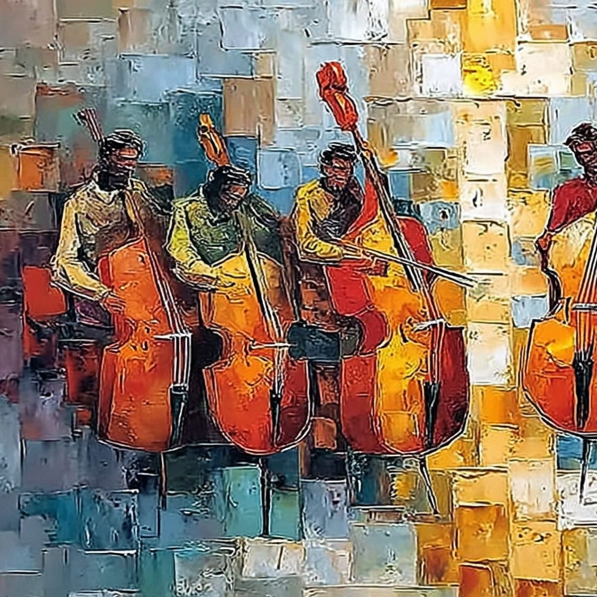 RHYTHM IN HUE: Textured Palette Knife Painting of a Cello Ensemble