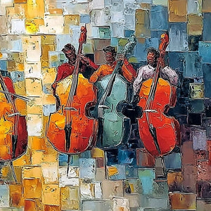 RHYTHM IN HUE: Textured Palette Knife Painting of a Cello Ensemble