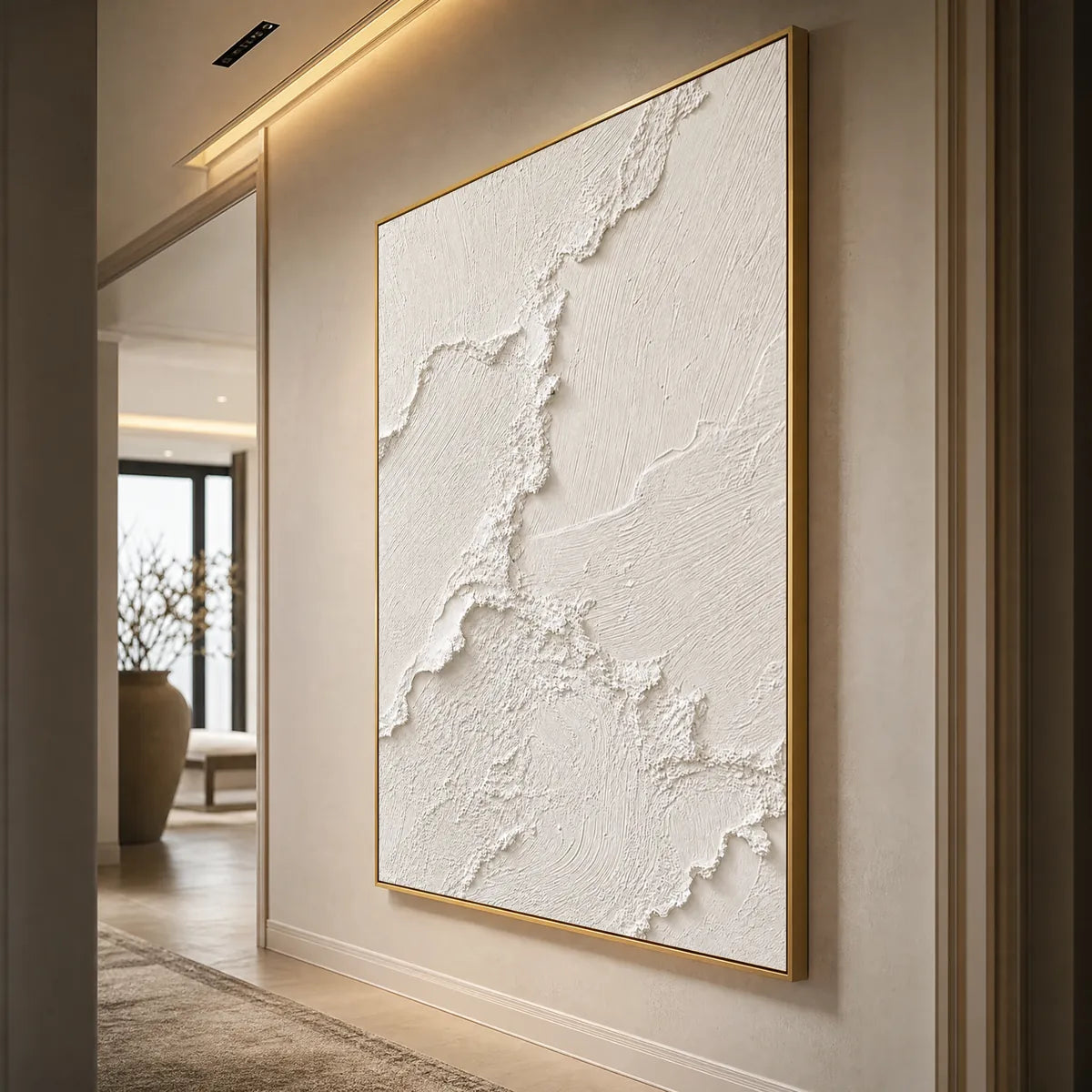 Heavily textured white Wabi Sabi wall art in gold frame