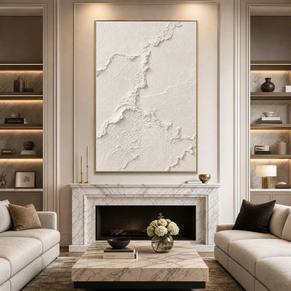 Heavily textured white minimalist Wabi Sabi wall art above marble fireplace