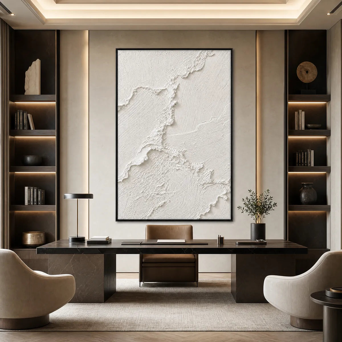 Heavily textured white minimalist Wabi Sabi wall art in framed abstract painting