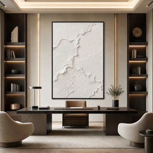 Heavily textured white minimalist Wabi Sabi wall art in framed abstract painting