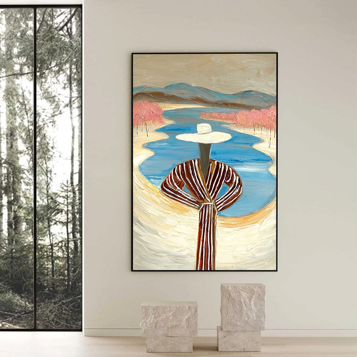 RIVER BLUSH: Textured Figurative Landscape Painting of Woman by Water