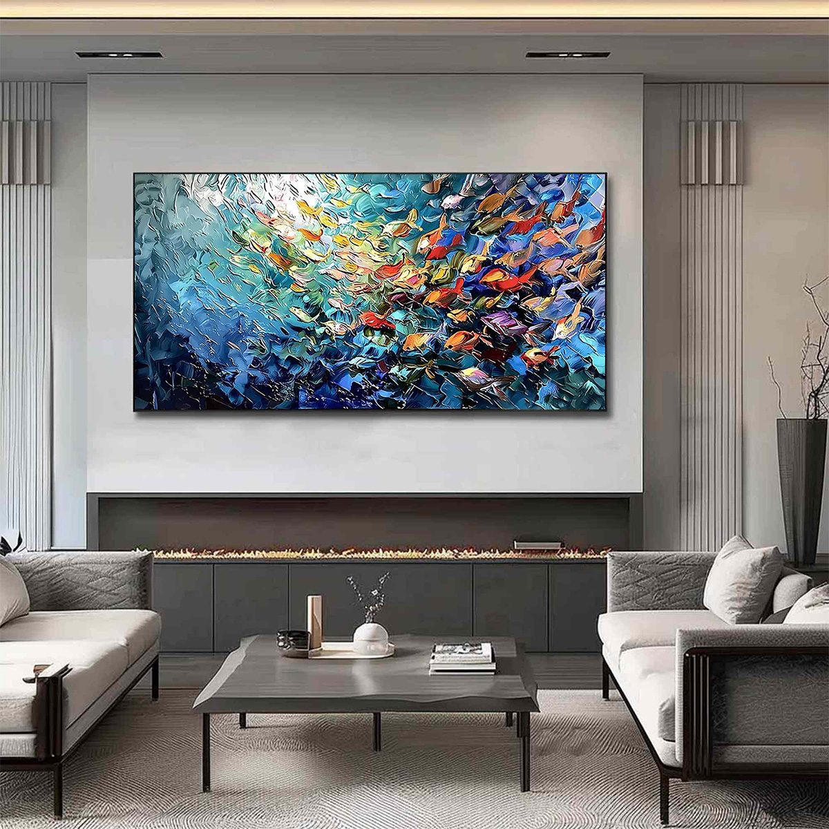 RIVER OF LIFE: Colorful Abstract Fish School Impasto Oil Painting