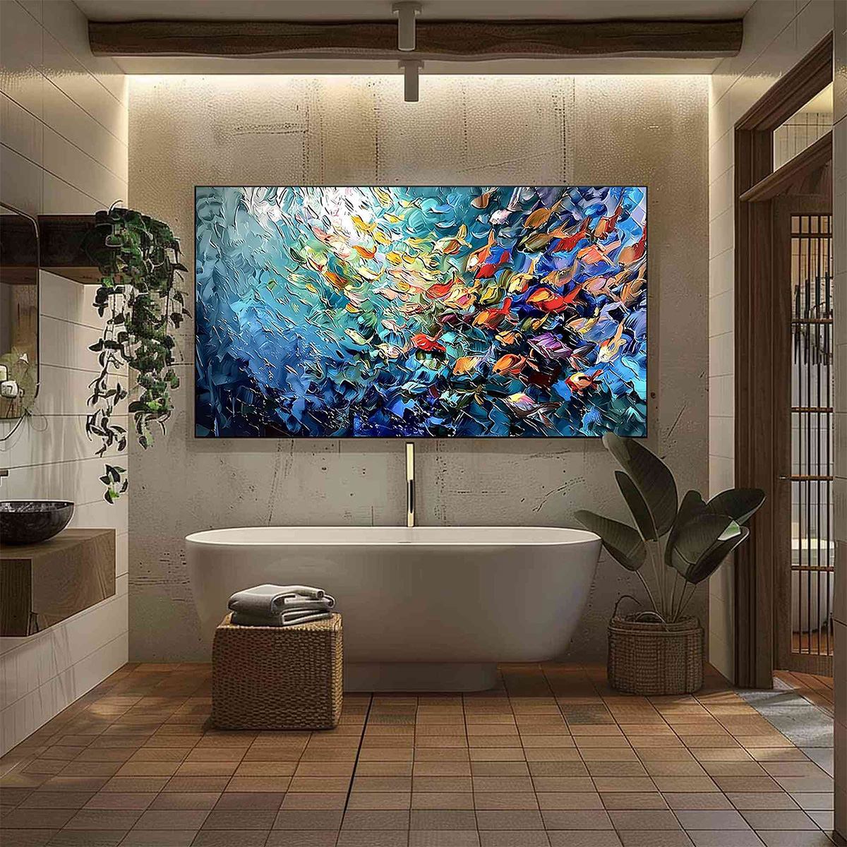 RIVER OF LIFE: Colorful Abstract Fish School Impasto Oil Painting