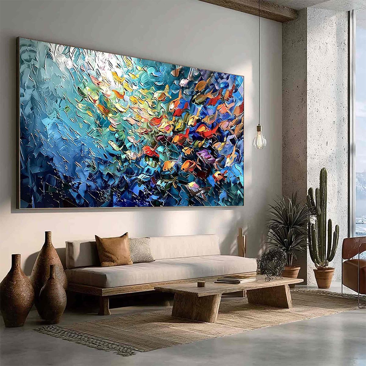 RIVER OF LIFE: Colorful Abstract Fish School Impasto Oil Painting