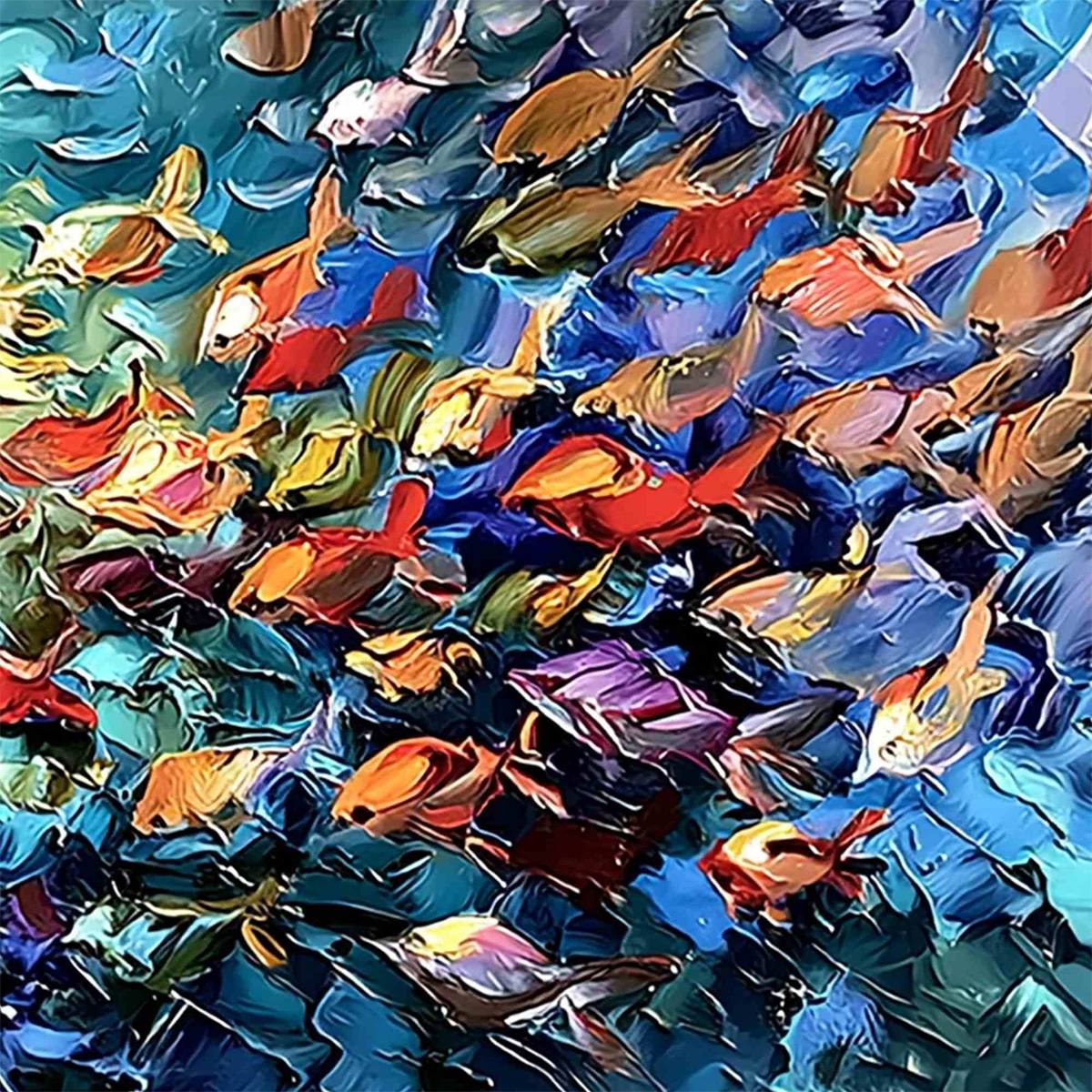 RIVER OF LIFE: Colorful Abstract Fish School Impasto Oil Painting