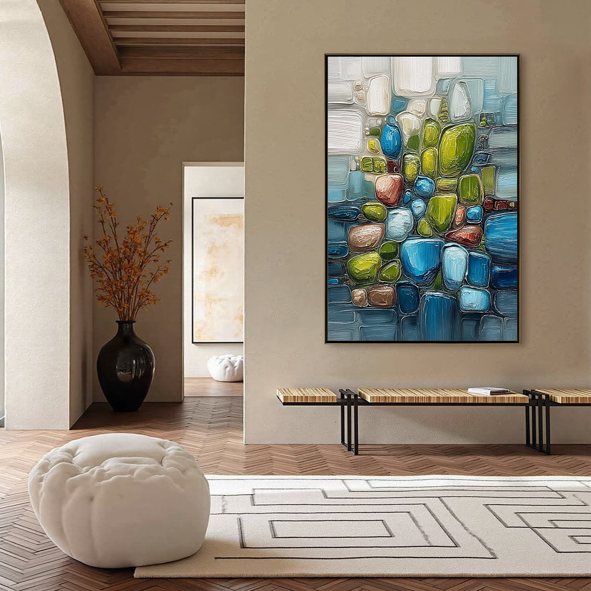 RIVERBED GEMS: Textured Vertical Abstract Impasto Wall Art