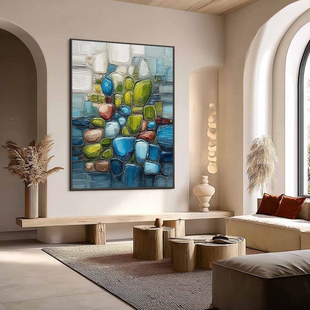 RIVERBED GEMS: Textured Vertical Abstract Impasto Wall Art