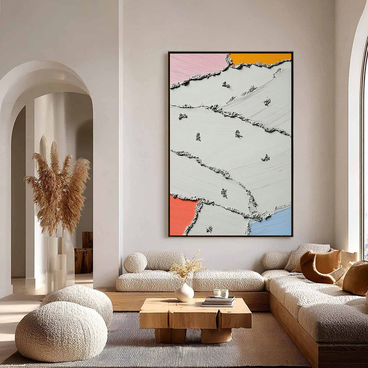 'Riverbeds' original textured abstract wall art with impasto, pink, orange, blue accents.