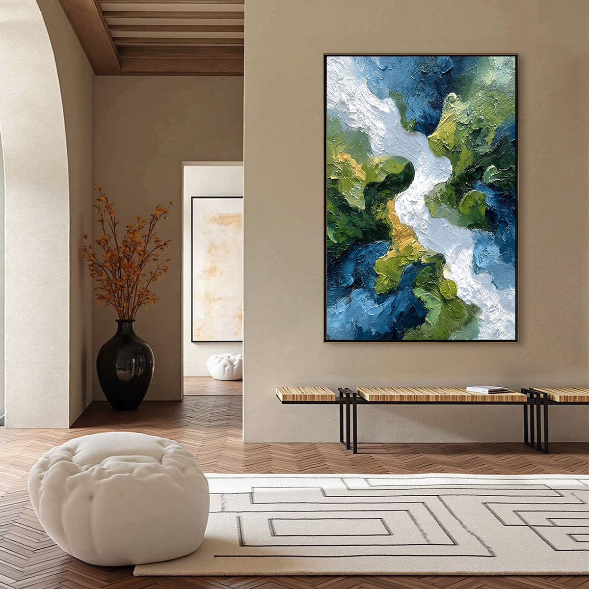 RIVERINE RUSH: Textured Abstract Landscape Painting of a River Valley