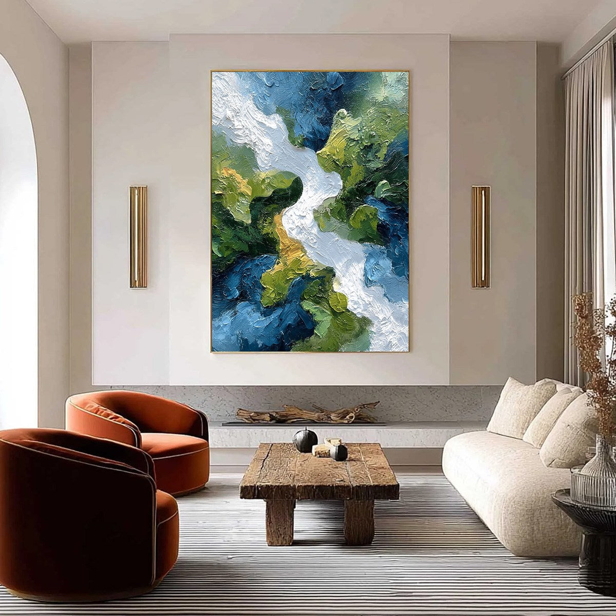 RIVERINE RUSH: Textured Abstract Landscape Painting of a River Valley